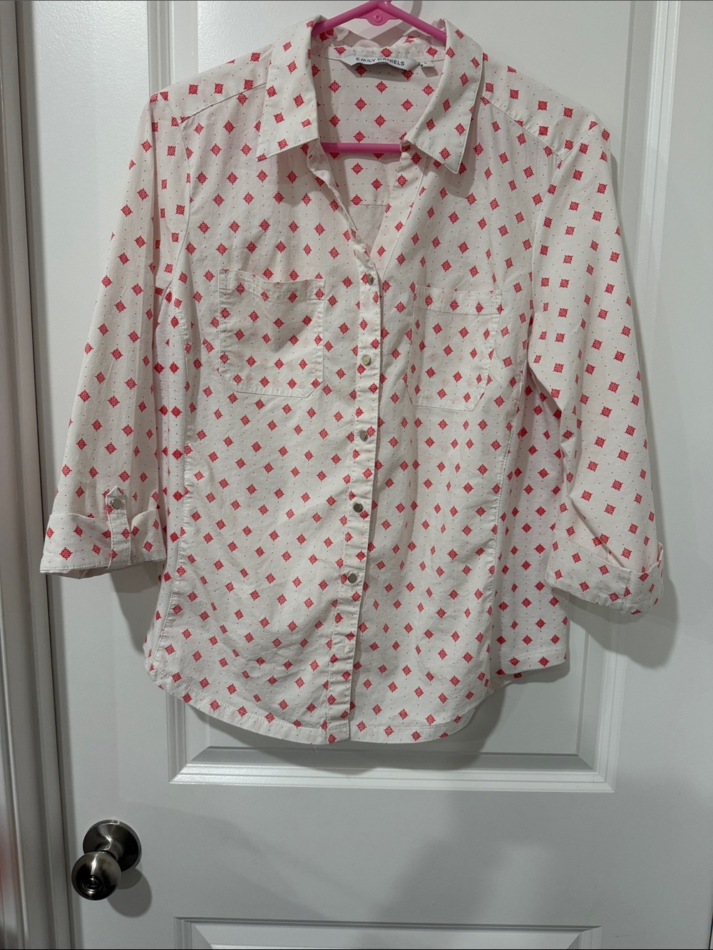 Emily Daniels White Shirt with Red Diamond Print